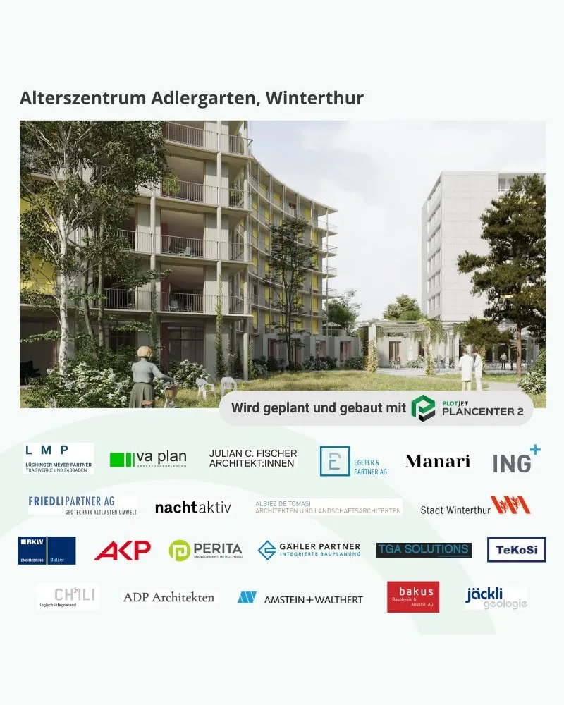 Visualisierung Alterszentrum Adlergarten, Winterthur mit den beteiligten Planungsbüros.