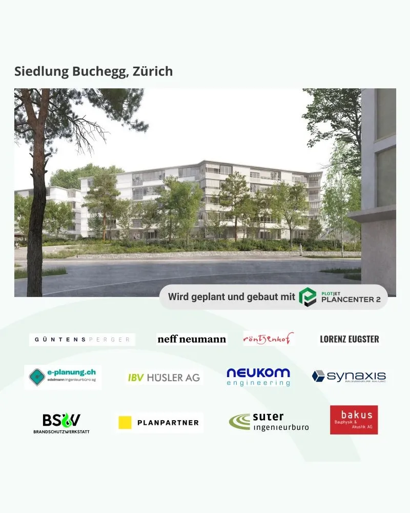 Visualisierung Siedlung Buchegg, Zürich mit den beteiligten Planungsbüros.