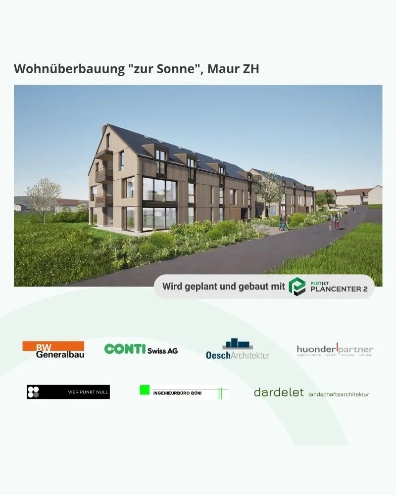 Visualisierung Wohnüberbauung zur Sonne, Maur ZH mit den beteiligten Planungsbüros.