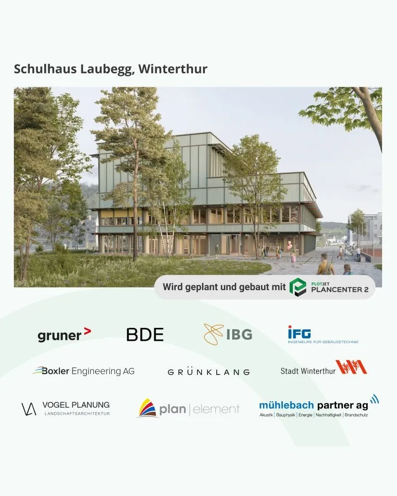 Visualisierung Schulhaus Laubegg, Winterthur mit den beteiligten Planungsbüros.