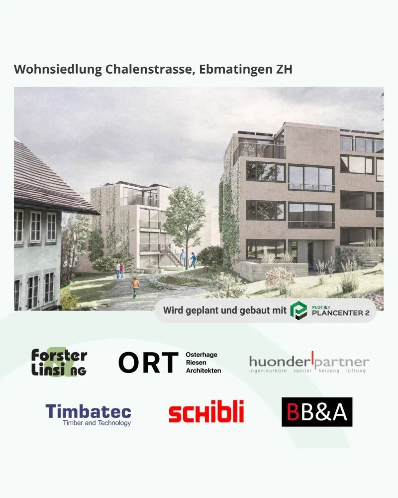 Visualisierung Wohnsiedlung Chalenstrasse, Ebmatingen ZH mit den beteiligten Planungsbüros.