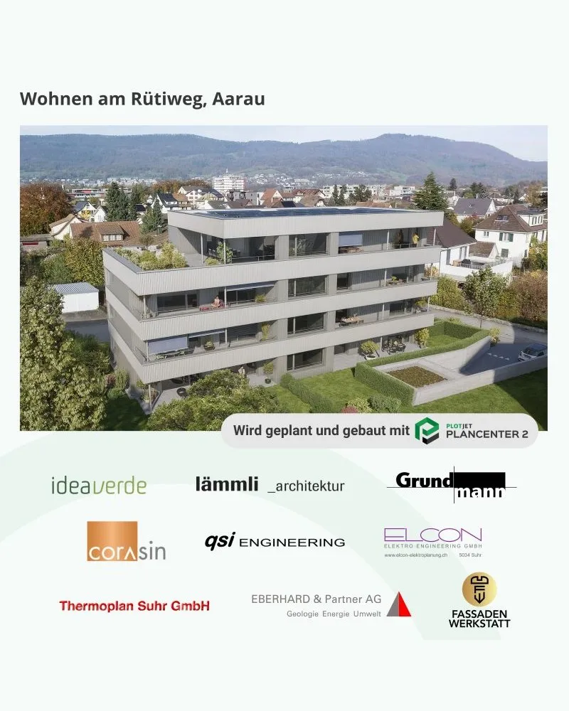 Visualisierung Wohnen am Rütiweg, Aarau mit den beteiligten Planungsbüros.