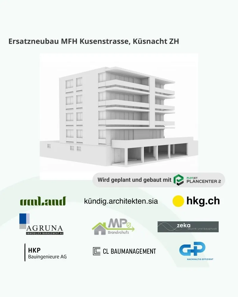 Visualisierung Ersatzneubau MFH Kusenstrasse, Küsnacht ZH mit den beteiligten Planungsbüros.
