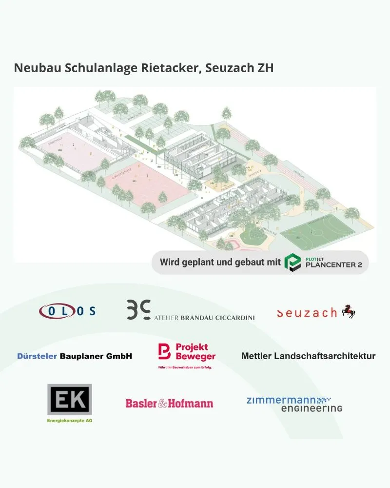 Visualisierung Neubau Schulanlage Rietacker, Seuzach ZH mit den beteiligten Planungsbüros.