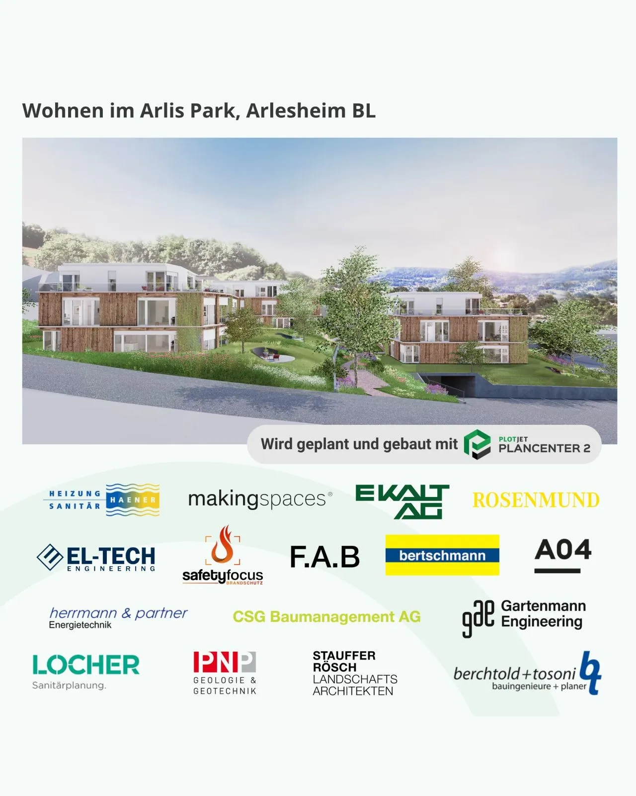 Visualisierung Wohnen im Arlis Park, Arlesheim BL mit den beteiligten Planungsbüros.