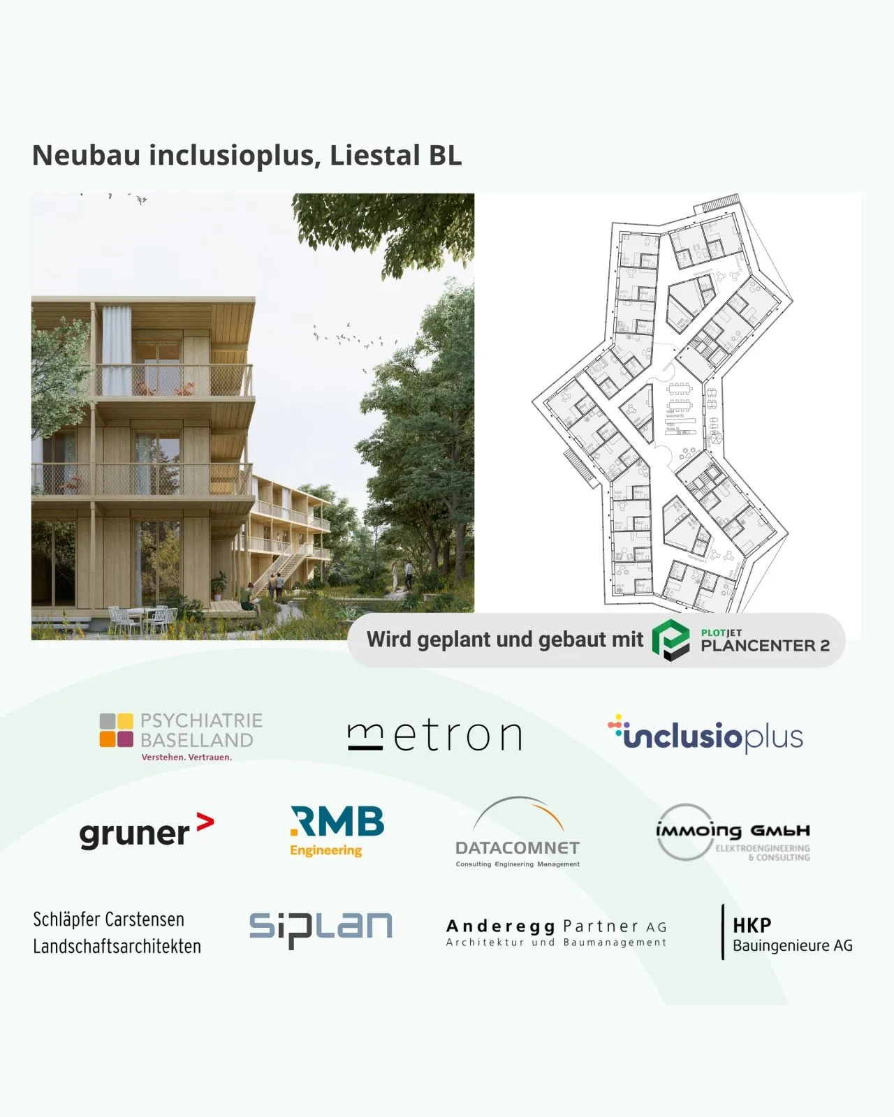 Visualisierung Neubau inclusioplus, Liestal BL mit den beteiligten Planungsbüros.