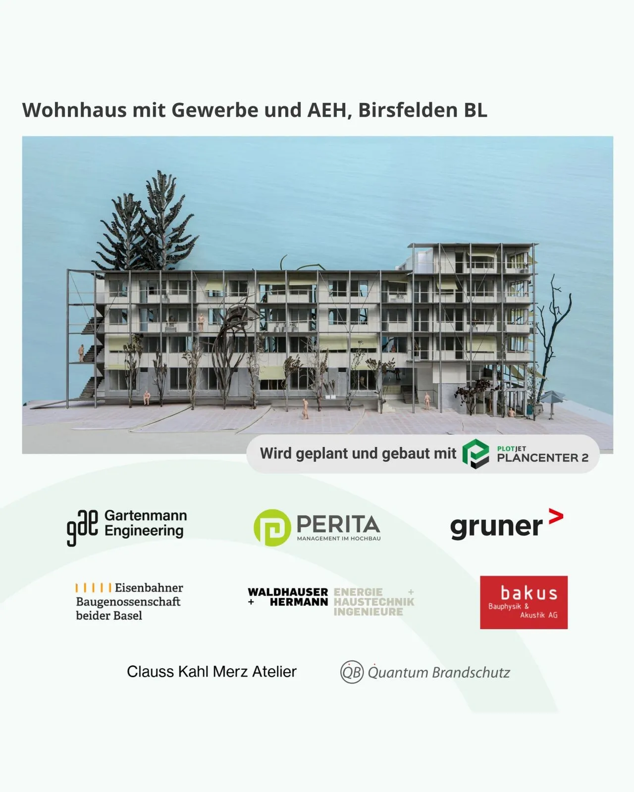 Visualisierung Wohnhaus mit Gewerbe und AEH, Birsfelden BL mit den beteiligten Planungsbüros.