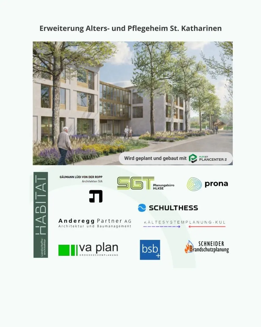 Visualisierung Erweiterung Alters- und Pflegeheim St. Katharinen mit den beteiligten Planungsbüros.
