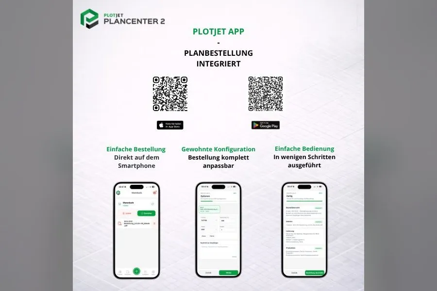 Planbestellung in der PlotJet App mit QR-Codes zu App Store und Google Play
