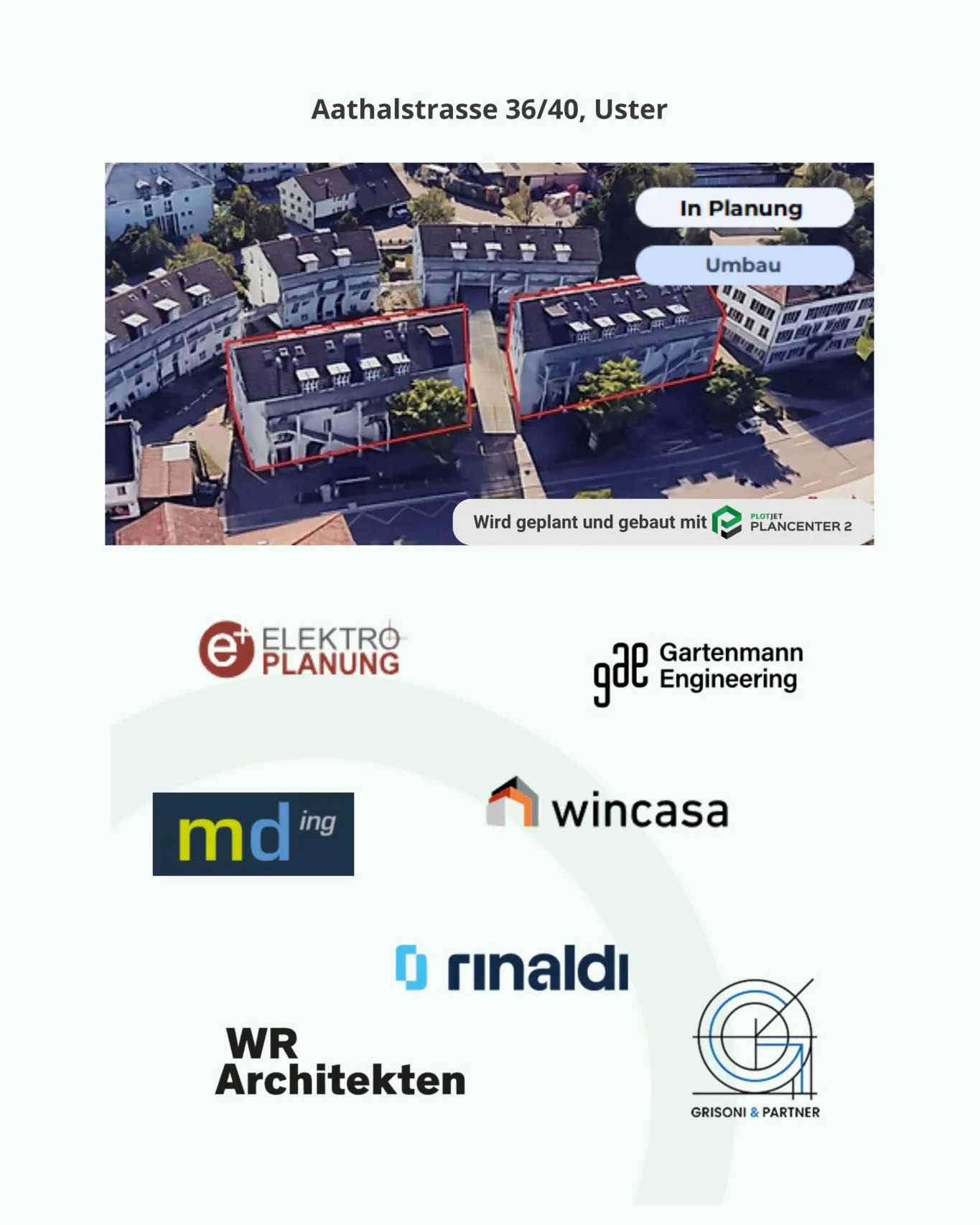 Visualisierung Aathalstrasse 36/40, Uster mit den beteiligten Planungsbüros.