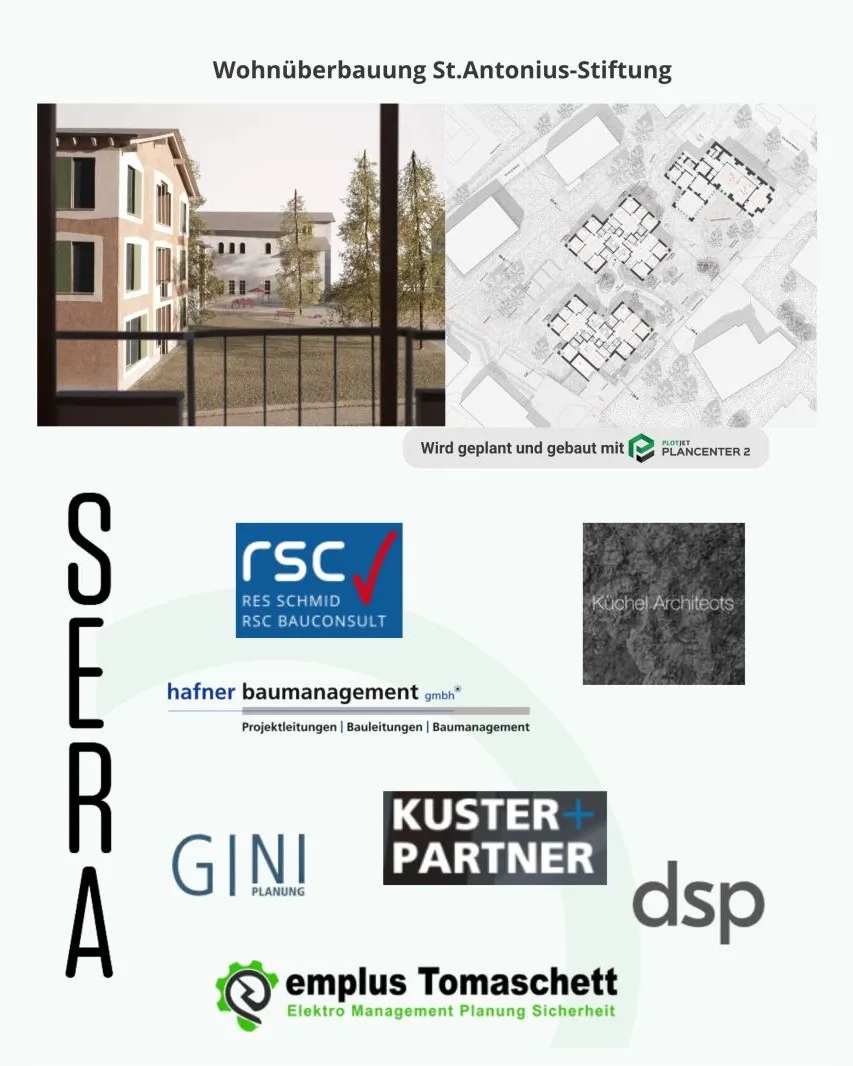 Visualisierung Wohnüberbauung St. Antonius-Stiftung, Celerina mit den beteiligten Planungsbüros.