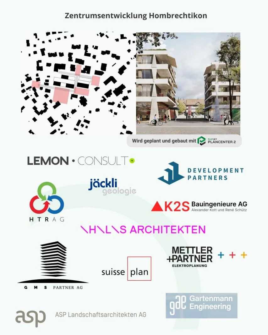 Situationsplan und Visualisierung der Zentrumsentwicklung Hombrechtikon mit den beteiligten Planungsbüros.