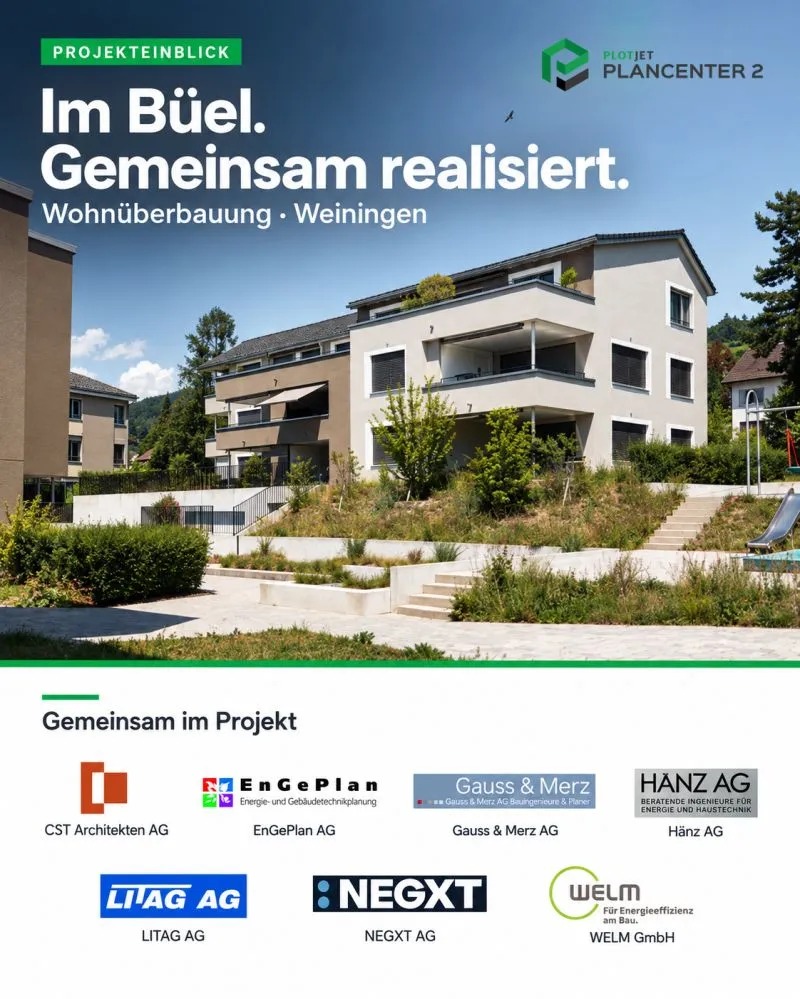 Fotografie der Wohnüberbauung Im Büel, Weiningen mit den beteiligten Planungsbüros.