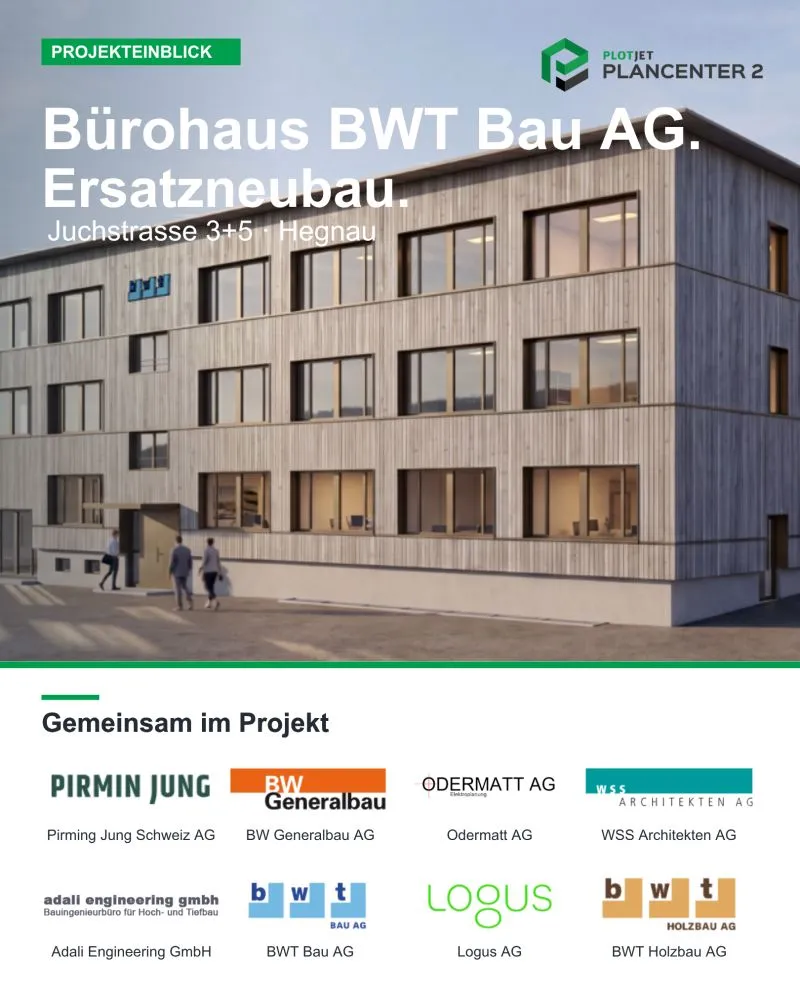 Visualisierung des neuen Bürohauses der BWT Bau AG an der Juchstrasse in Hegnau mit den beteiligten Planungsbüros.