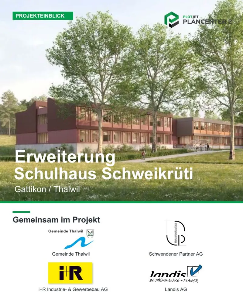 Visualisierung der Erweiterung des Schulhauses Schweikrüti in Gattikon mit den beteiligten Planungsbüros.
