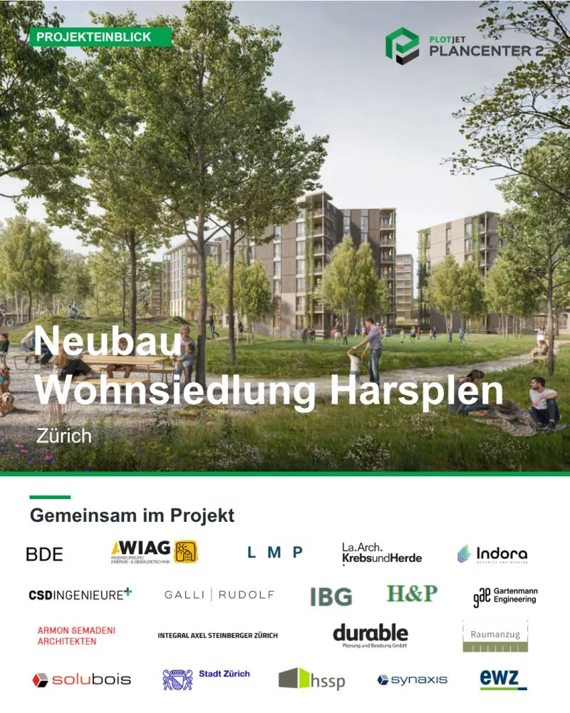 Visualisierung der Wohnsiedlung Harsplen in Zürich-Witikon mit den beteiligten Planungsbüros.