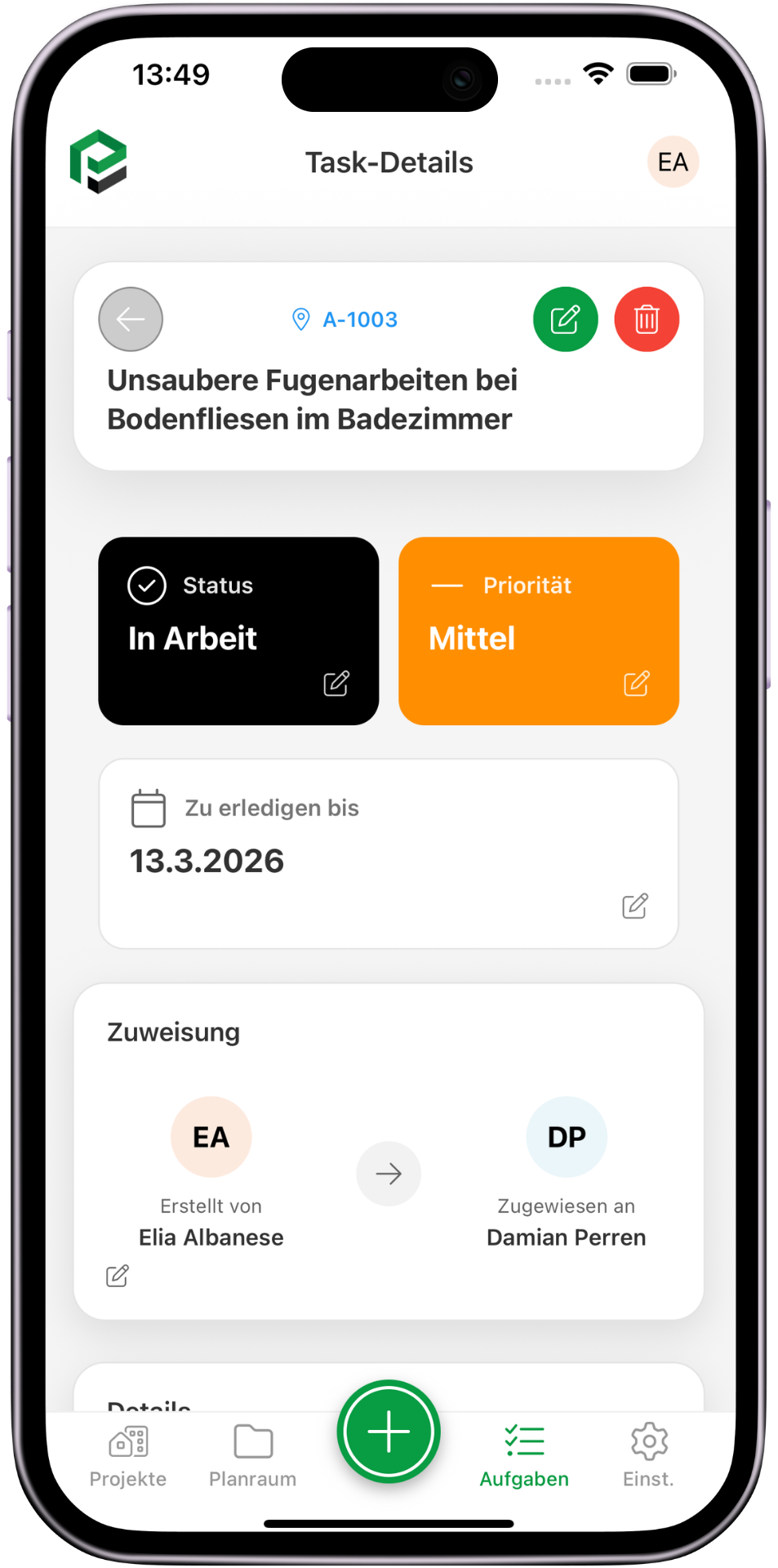 PlotJet Baustellen App auf iPhone, Task-Detail-Ansicht.