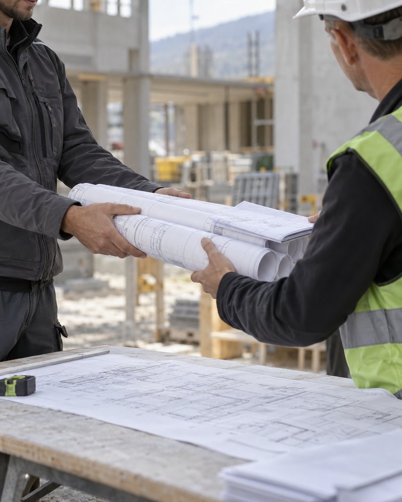 Übergabe gerollter Baupläne auf der Baustelle.