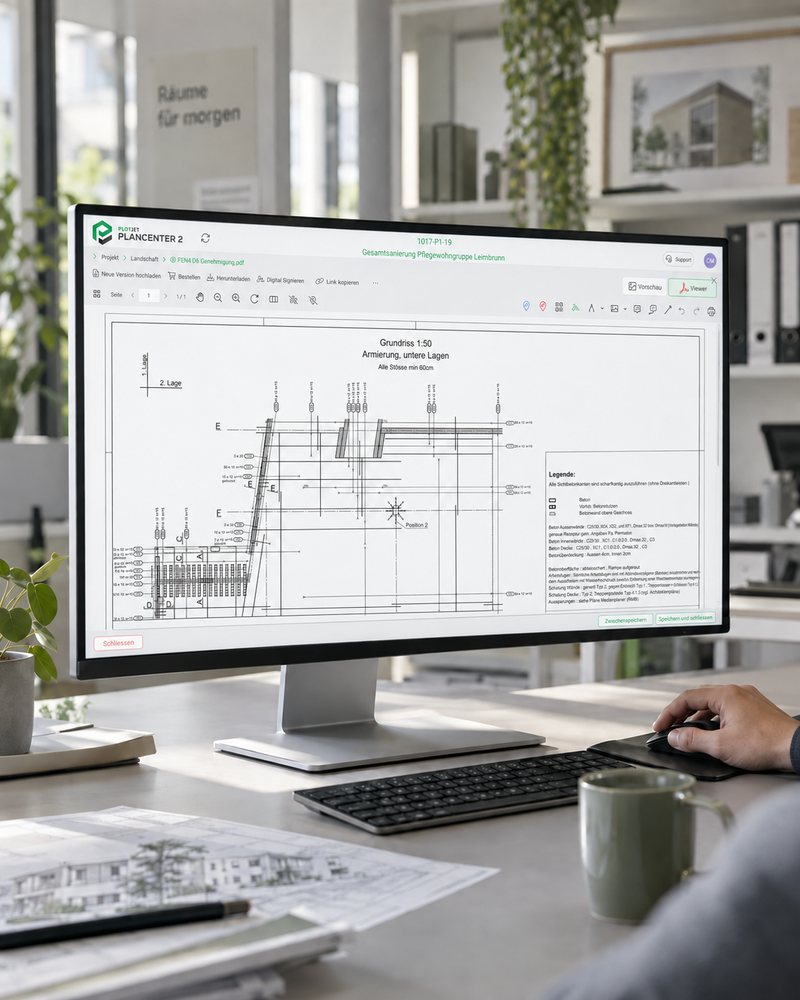Plancenter 2 auf einem Bildschirm im Architekturbüro, geöffnet ist ein Bewehrungsplan im Massstab 1:50.